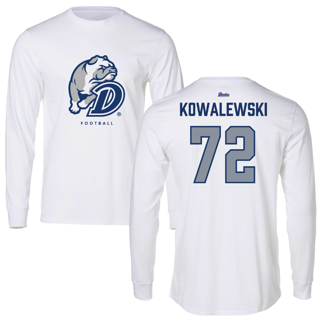 Drake University Football White Performance Long Sleeve - #72 Will Kowalewski