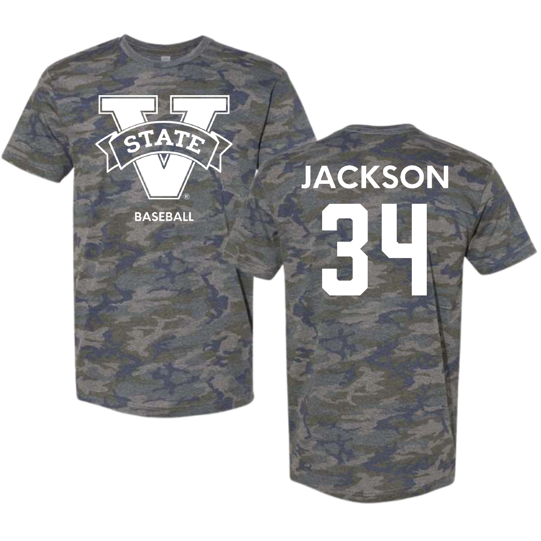 Valdosta State University Baseball Vintage Camo Tee - #34 Trey Jackson