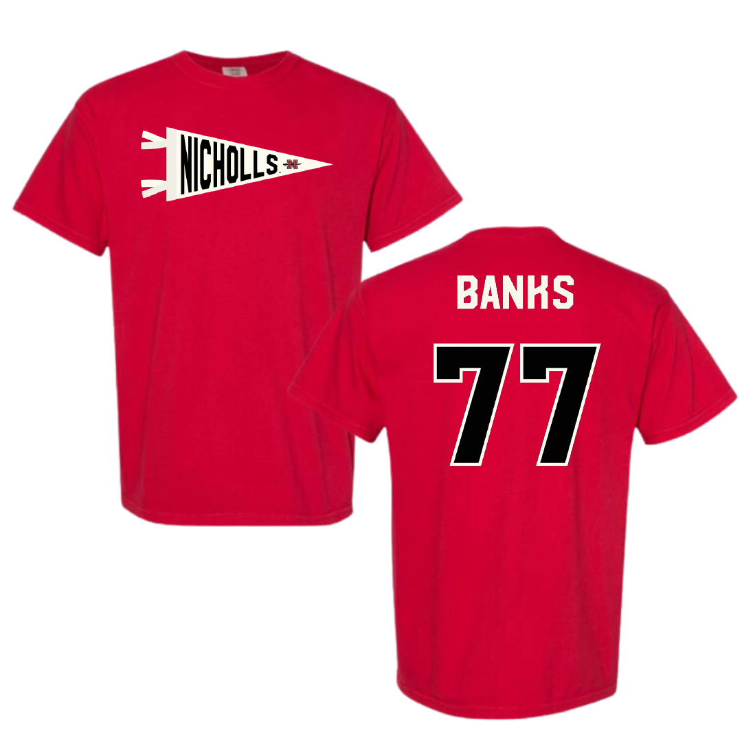 Nicholls State University Football Red Pennant Comfort Colors Tee - #77 Cam Banks