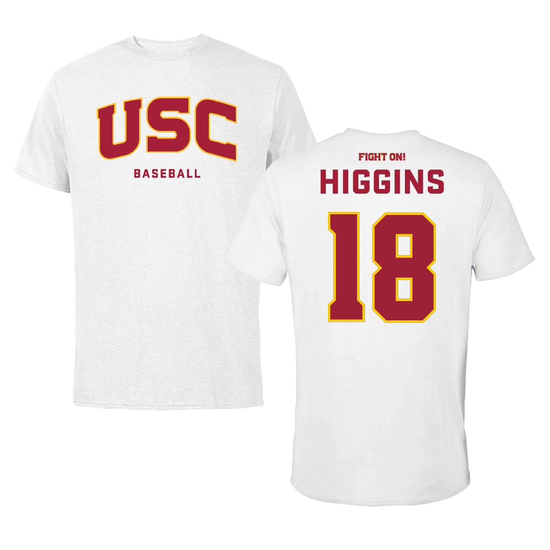 University of Southern California Baseball White Block Tee - #18 Kade Higgins