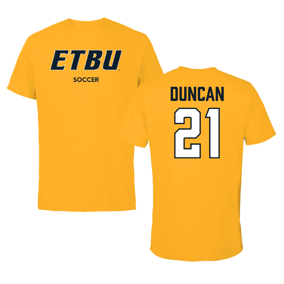 East Texas Baptist University Soccer (W) Gold Tee - #21 Mallory Duncan