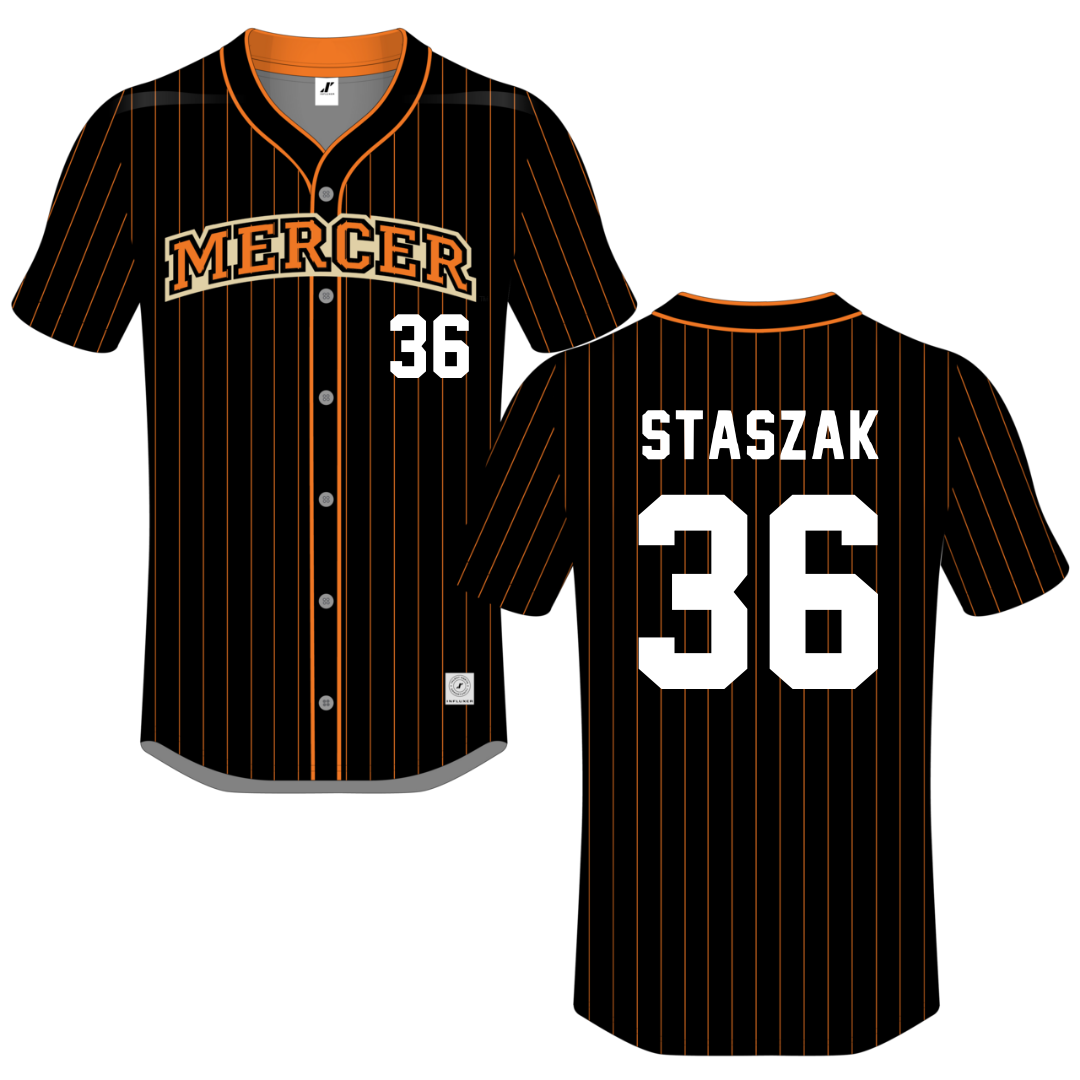Mercer University Black Pinstripe Button-Down Jersey - #36 Nick Staszak