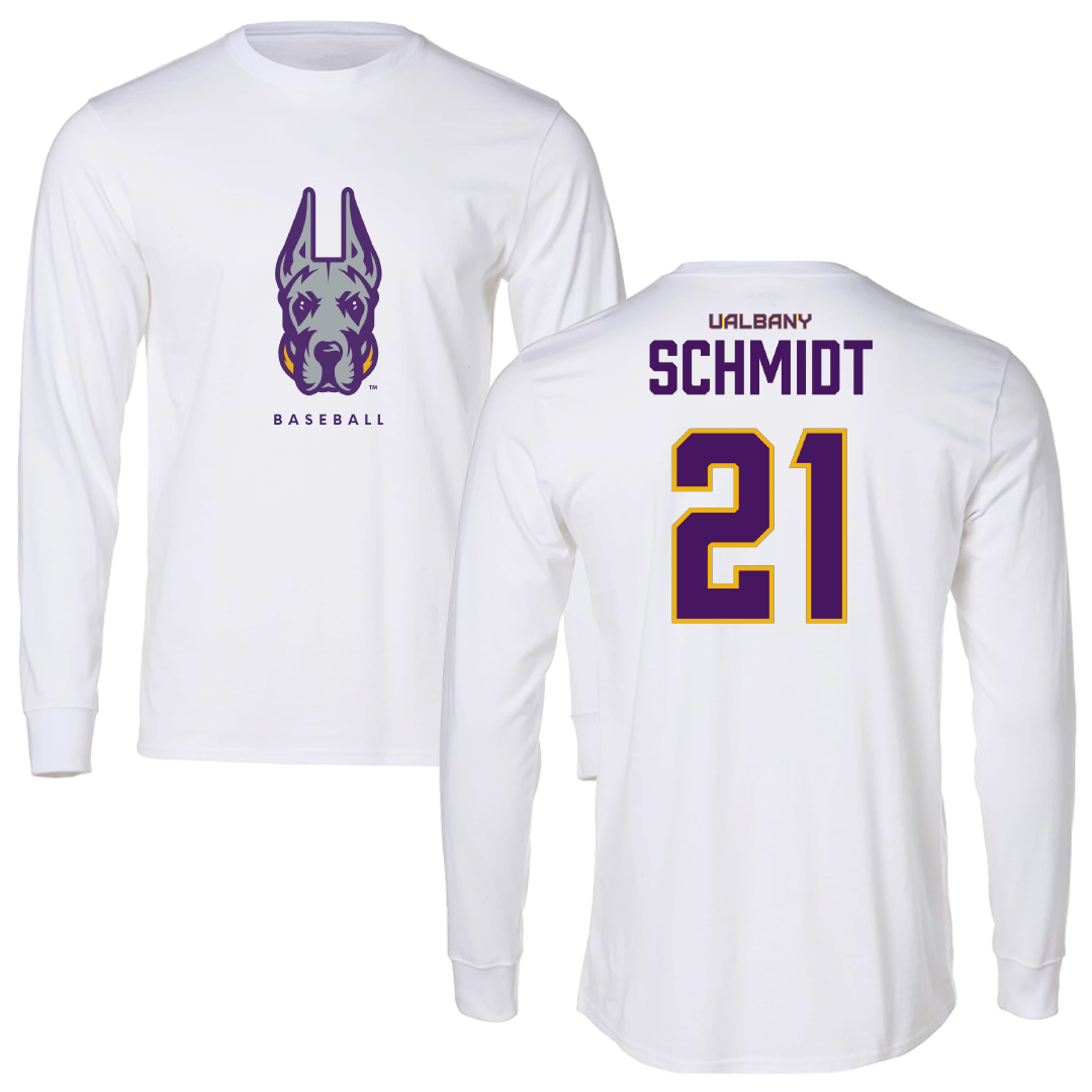 University at Albany Baseball White Long Sleeve - #21 Jaden Schmidt