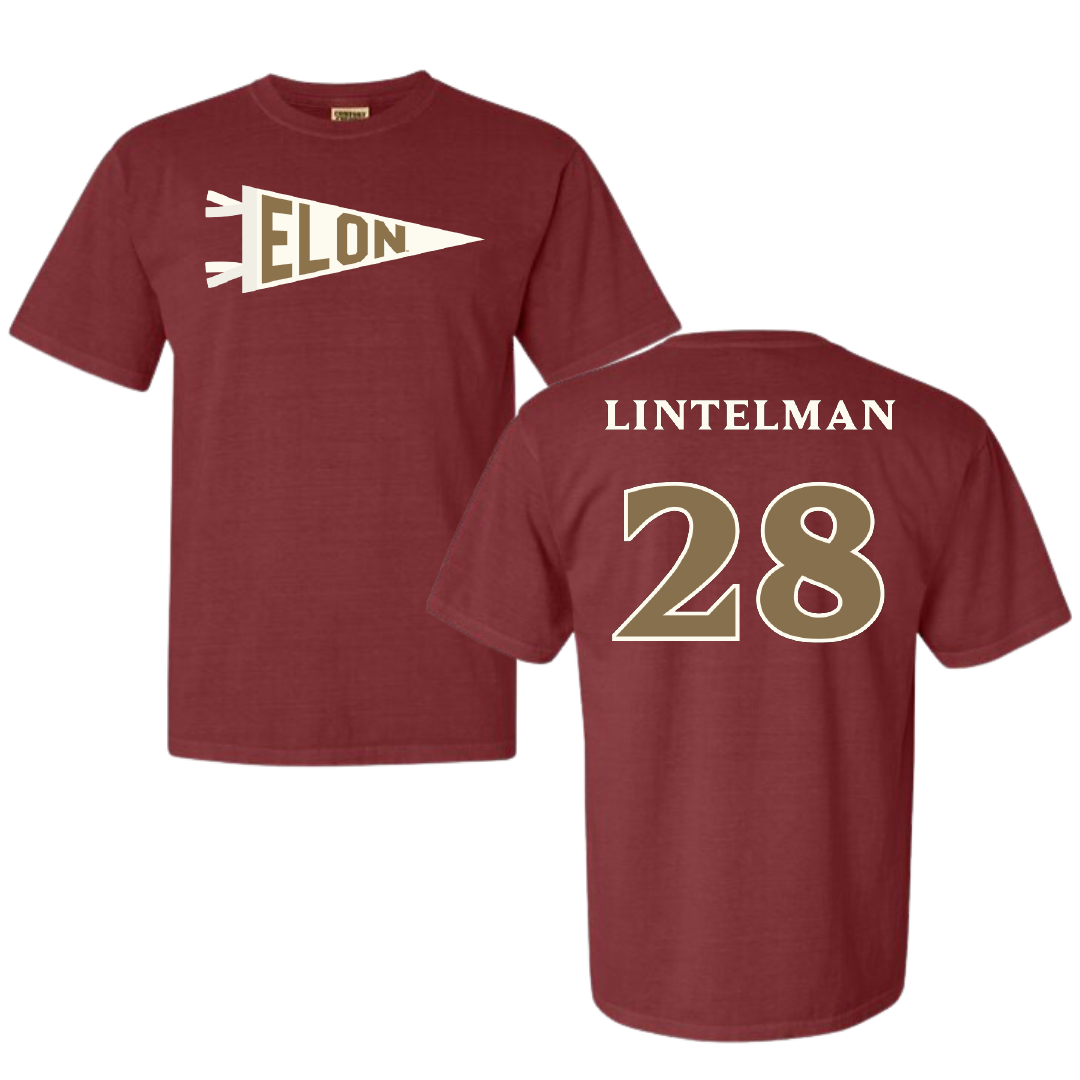 Elon University Baseball Maroon Pennant Comfort Colors Tee - #28 Eric Lintelman