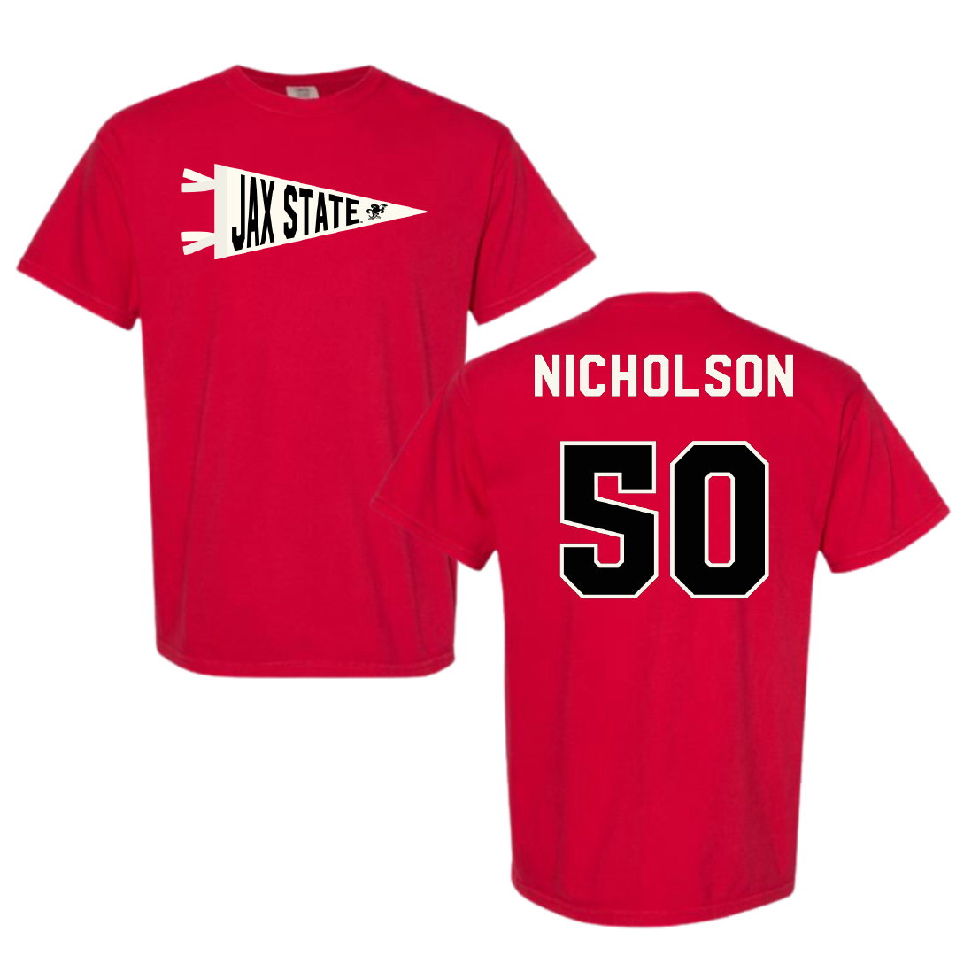 Jacksonville State University Basketball Red Pennant Comfort Colors Tee - #50 Mason Nicholson