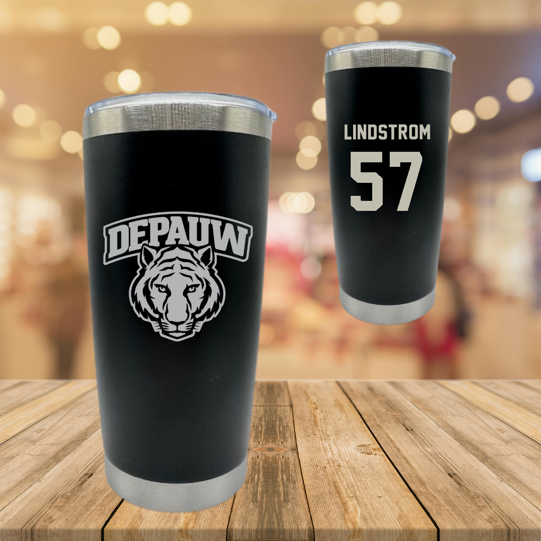 DePauw University Football Black Stainless Steel Tumbler - #57 Aidan Lindstrom