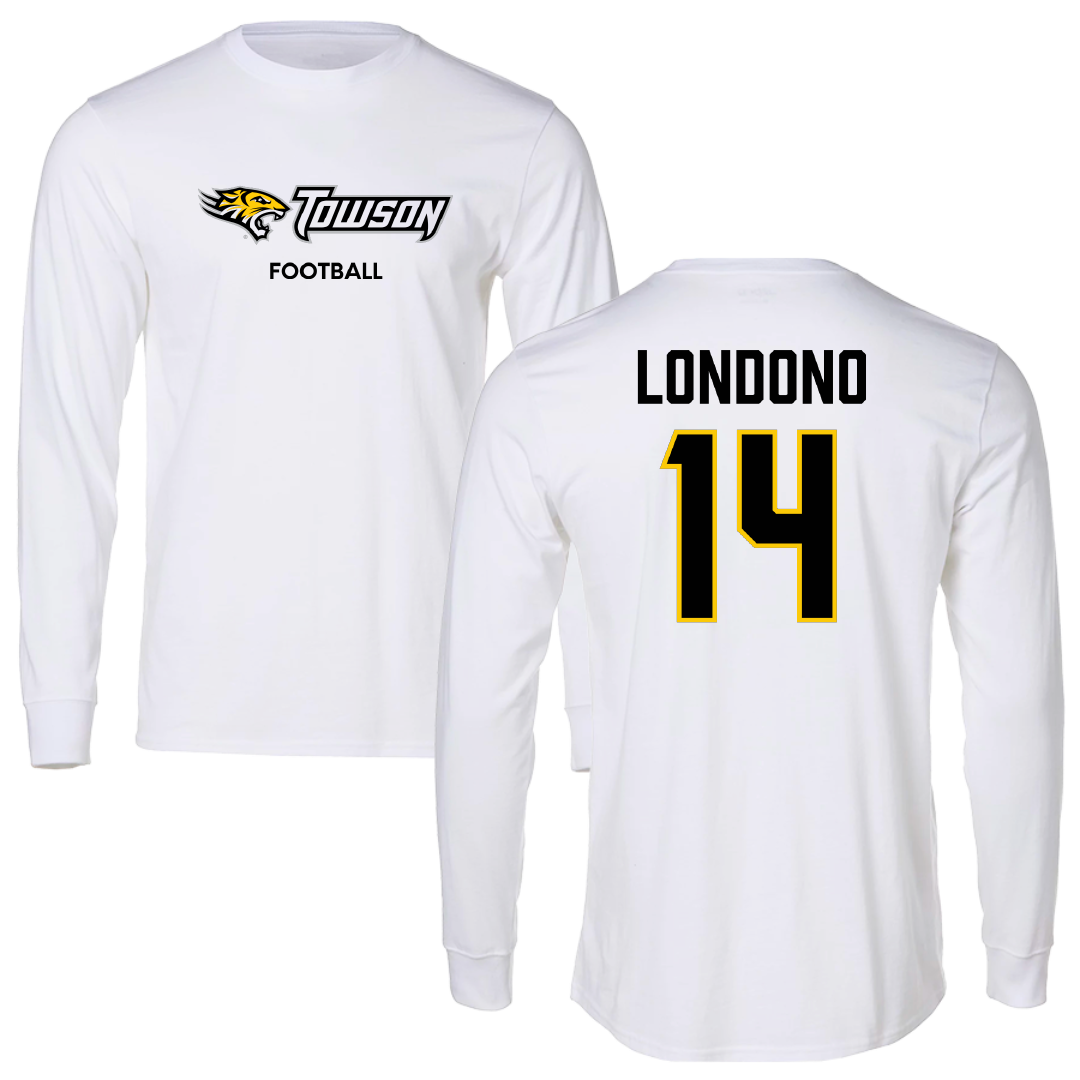Towson University Football White Performance Long Sleeve - #14 Lukkas Londono