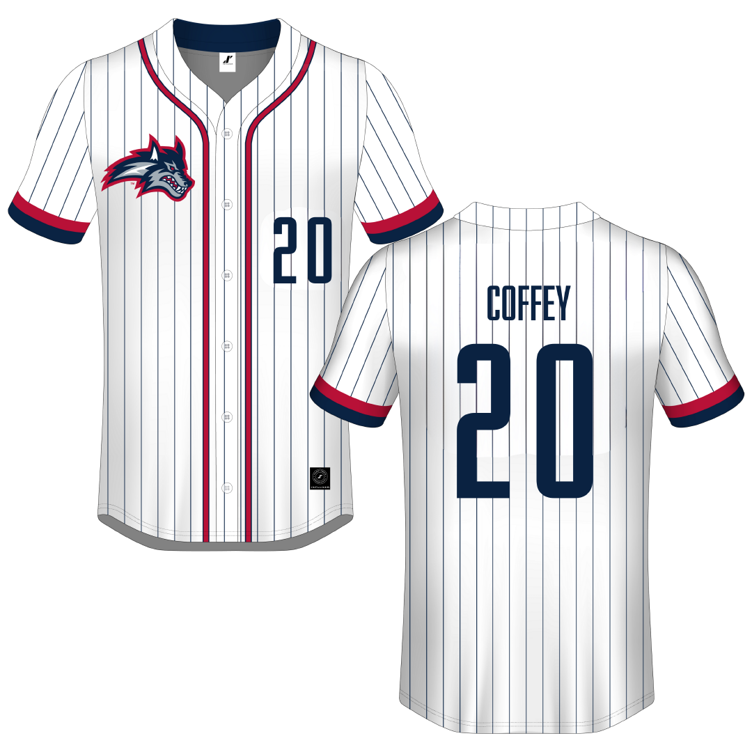Stony Brook University White Pinstripe Button-Down Jersey - #20 Aidyn Coffey