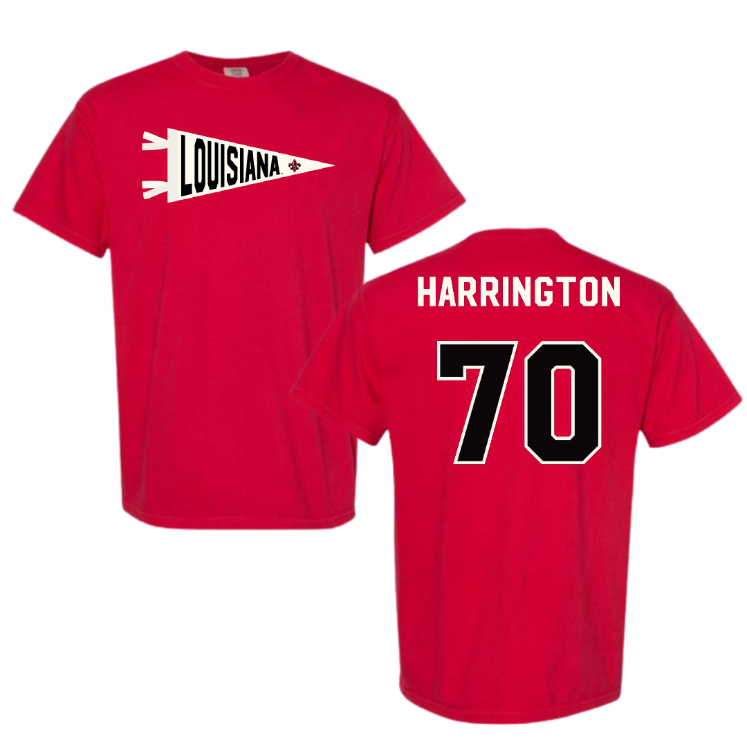 University of Louisiana at Lafayette Football Red Pennant Comfort Colors Tee - #70 Jax Harrington