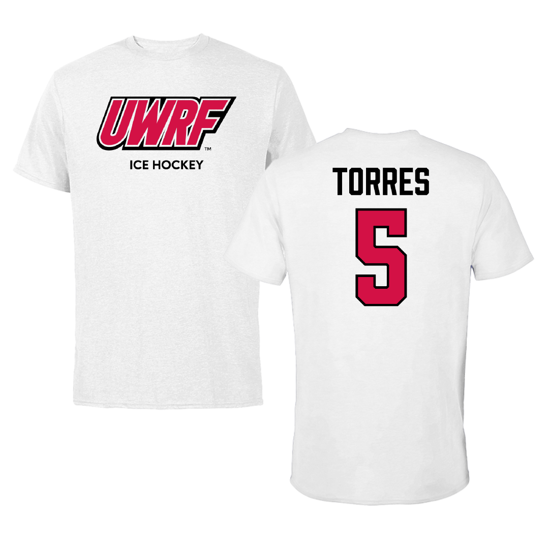 University of Wisconsin-River Falls Ice Hockey (M) White Block Tee - #5 Aidan Torres