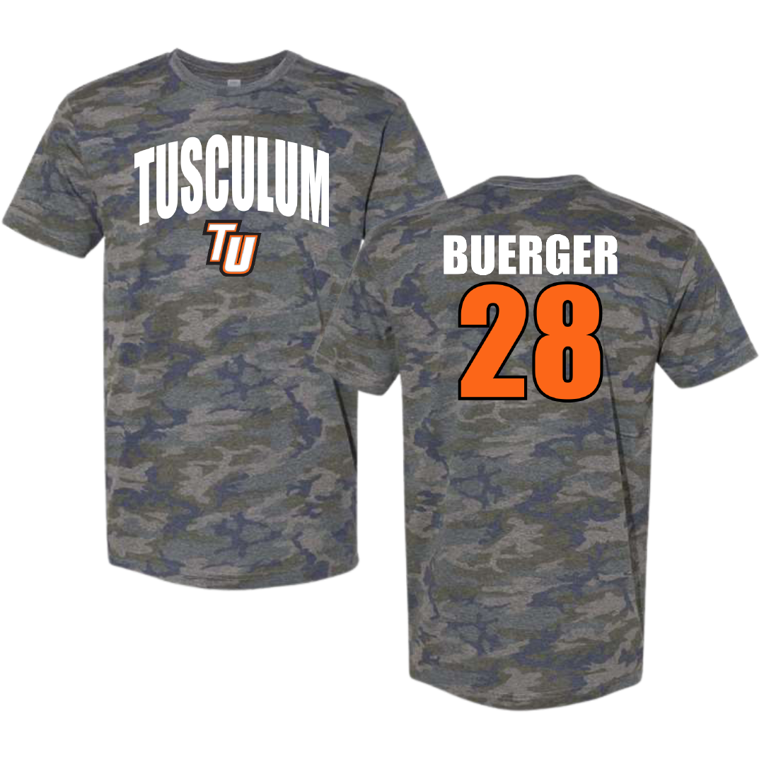 Tusculum University Baseball Vintage Camo Tee - #28 Adam Buerger
