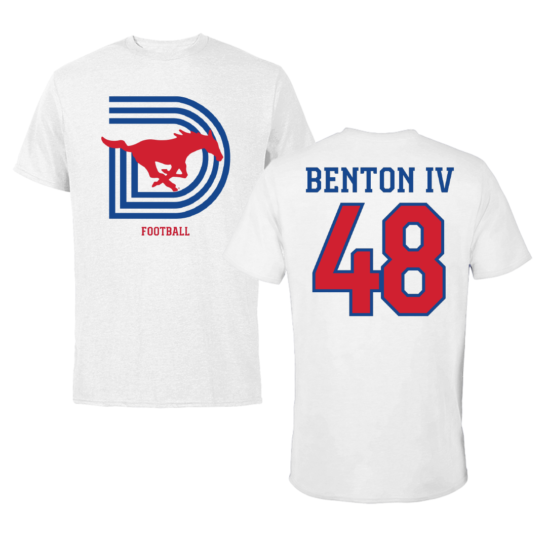 Southern Methodist University Football White Performance Tee - #48 Will Benton IV