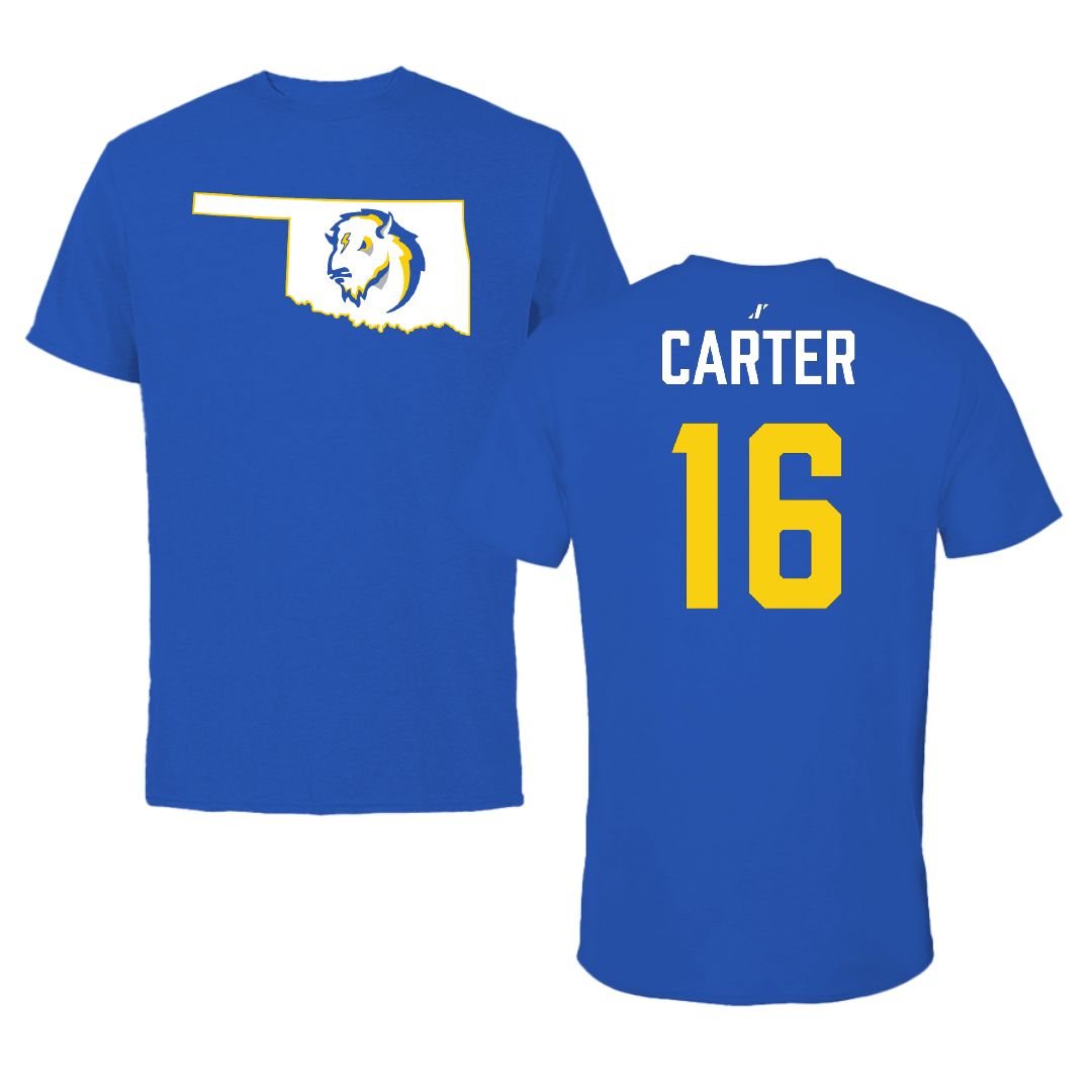 Southeastern Oklahoma State University Football Blue State Tee - #16 Kayden Carter