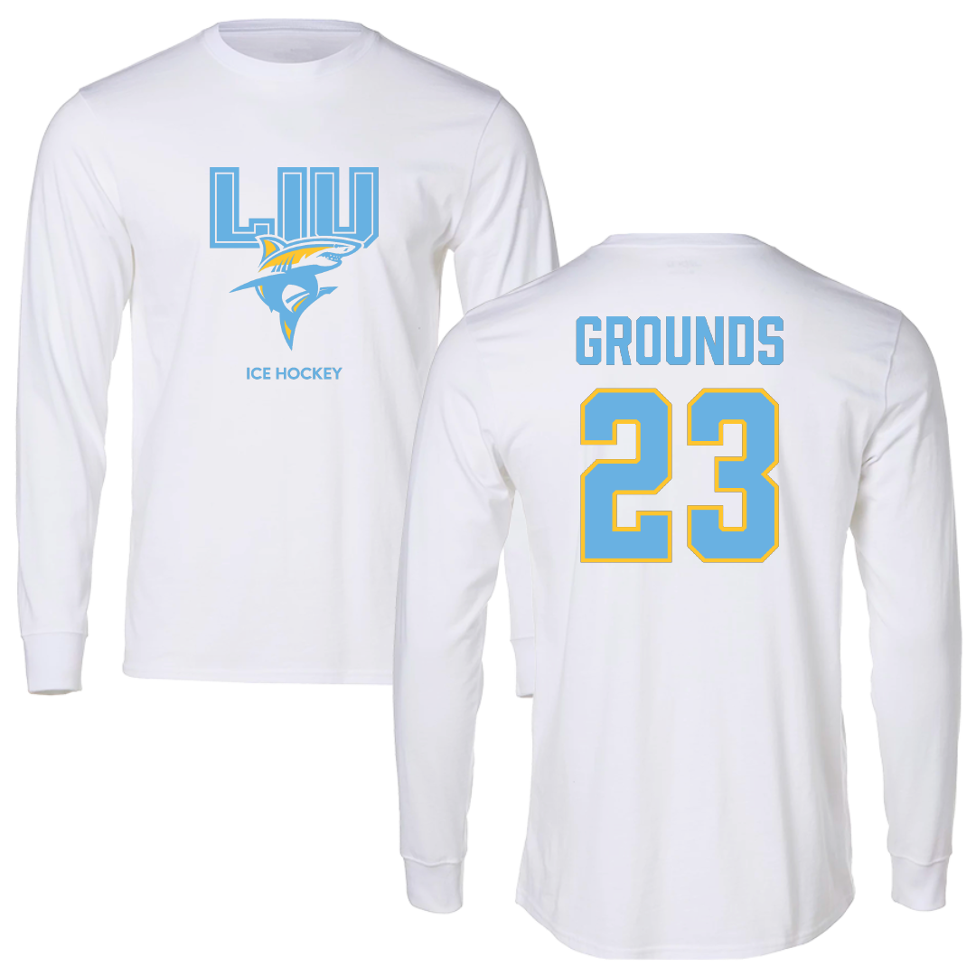 Long Island University Ice Hockey (M) White Block Long Sleeve - #23 Aaron Grounds
