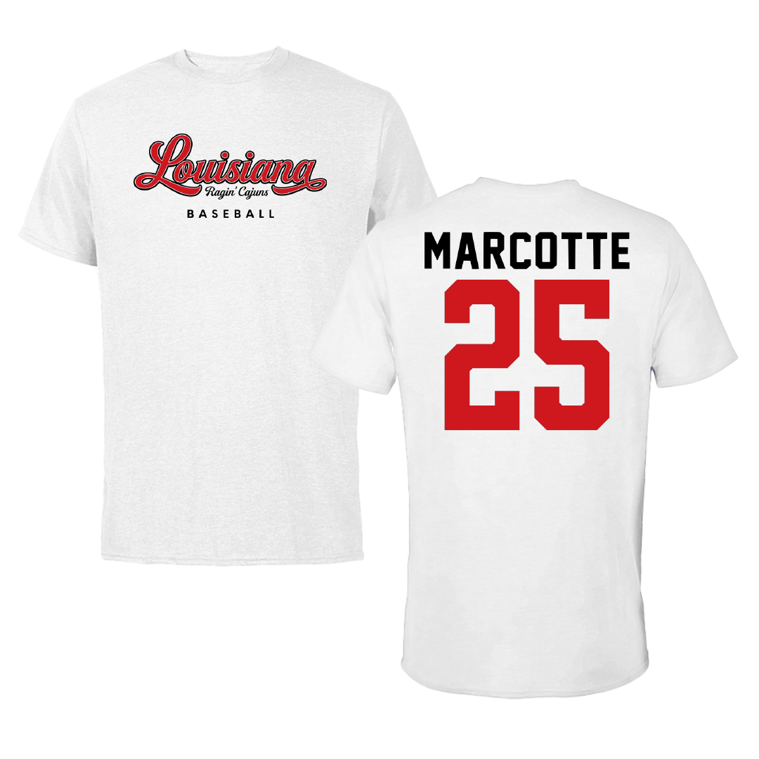 University of Louisiana at Lafayette Baseball White Tee - #25 Riley Marcotte