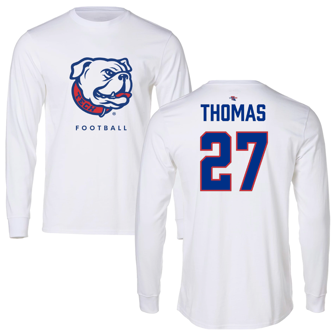 Louisiana Tech University Football White Performance Long Sleeve - #27 Kolby Thomas