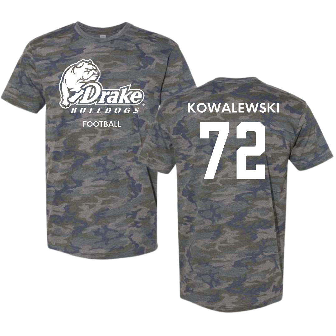 Drake University Football Vintage Camo Tee - #72 Will Kowalewski