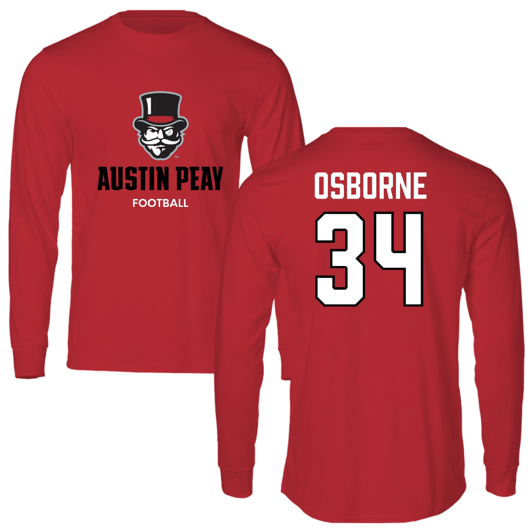 Austin Peay State University Football Red Mascot Performance Long Sleeve - #34 Jahlin Osborne