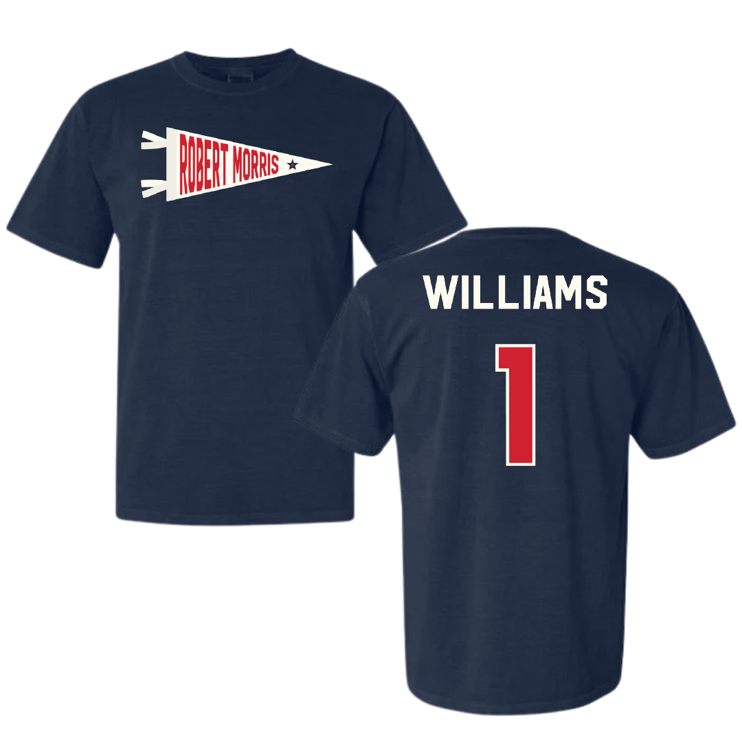 Robert Morris University Basketball Navy Pennant Comfort Colors Tee - #1 Justice Williams