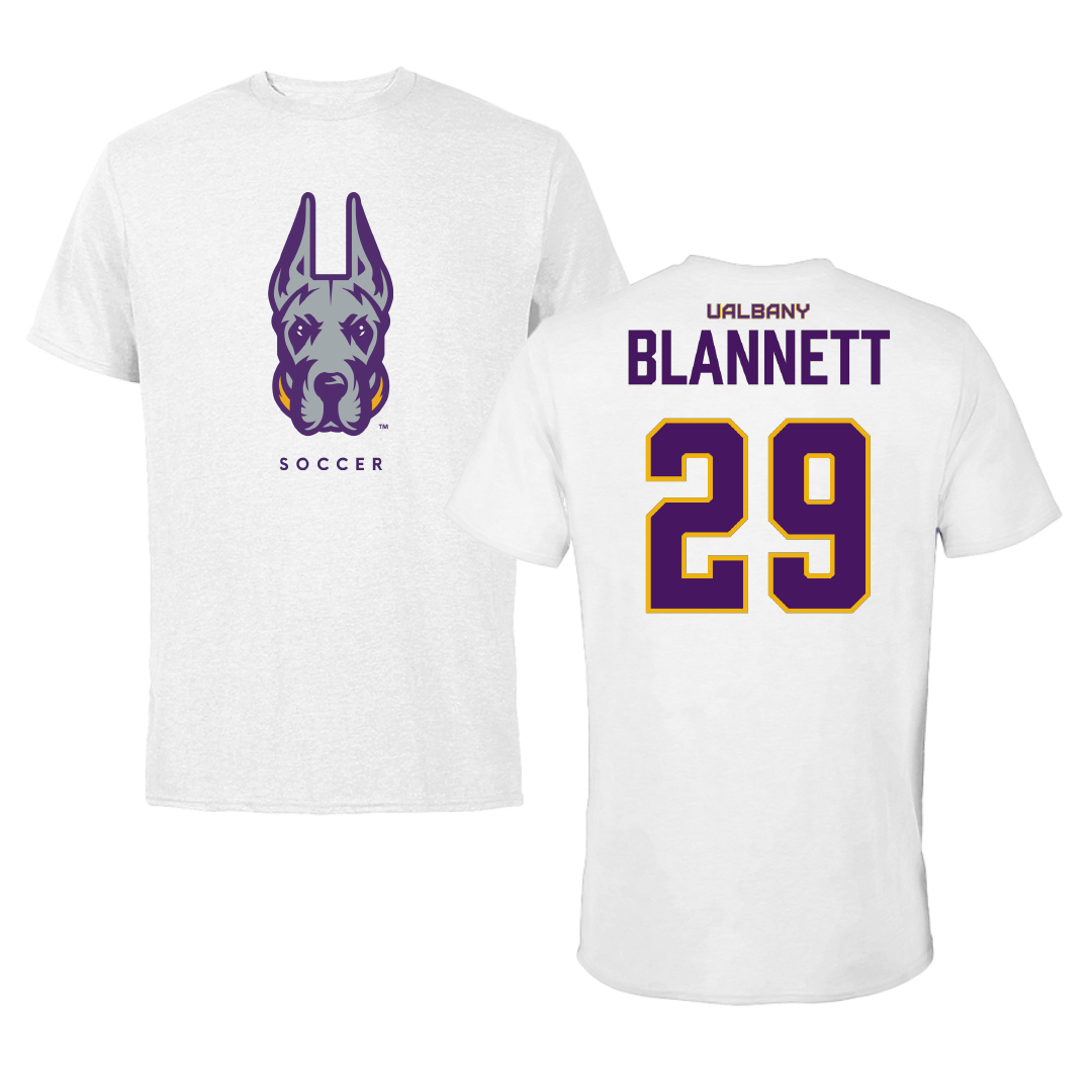 University at Albany Soccer White Mascot Performance Tee - #29 Meredith Blannett