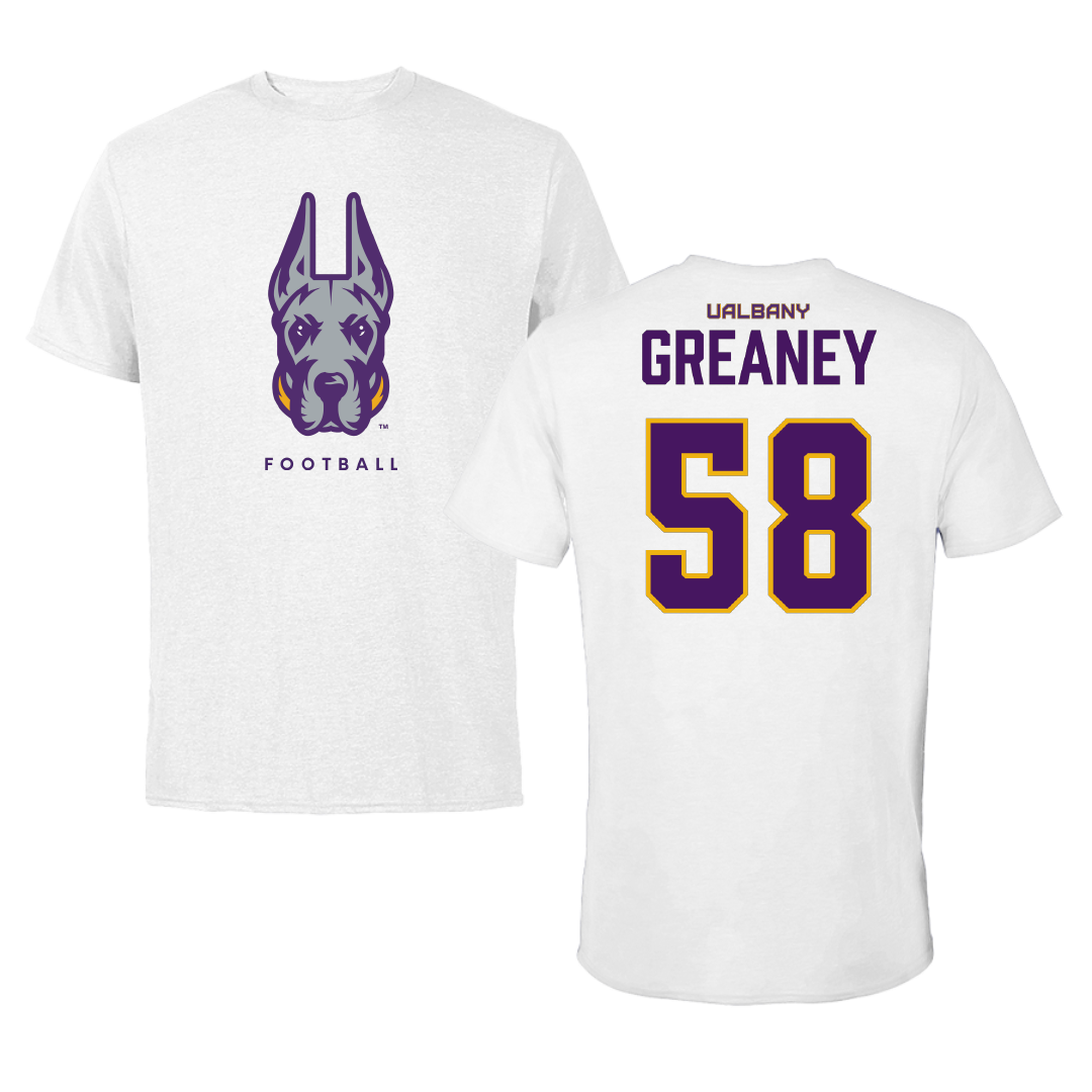 University at Albany Football White Mascot Performance Tee - #58 Joe Greaney