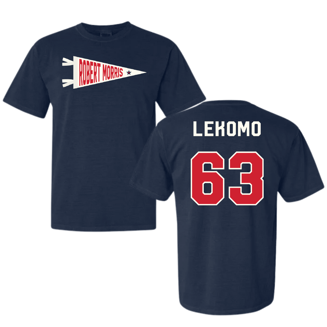Robert Morris University Football Navy Pennant Comfort Colors Tee - #63 Yann Lekomo
