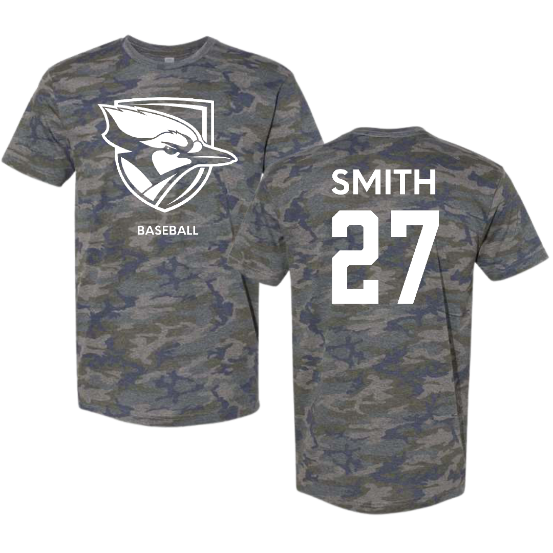 Elmhurst University Baseball Vintage Camo Tee - #27 Charlie Smith