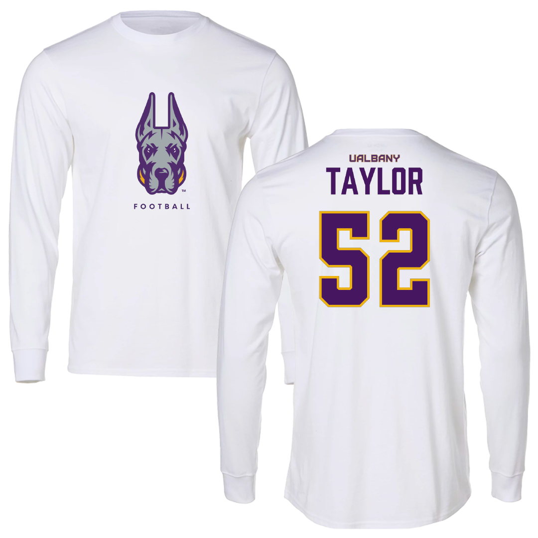 University at Albany Football White Performance Long Sleeve - #52 Devan Taylor