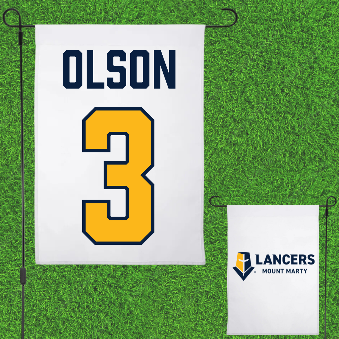 Mount Marty University Basketball White Garden Flag - #3 Eli Olson