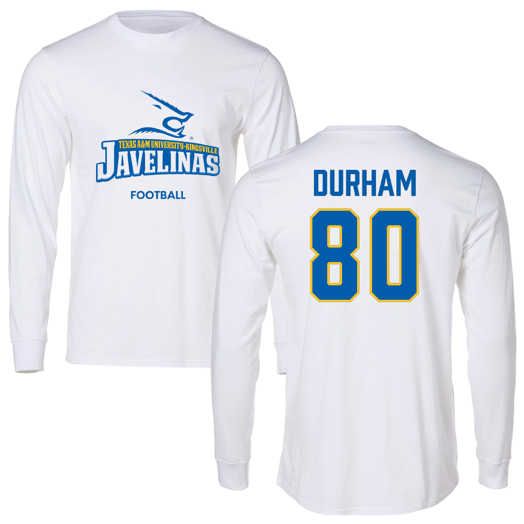 Texas A&M University-Kingsville Football White Performance Long Sleeve - #80 Exavier Durham