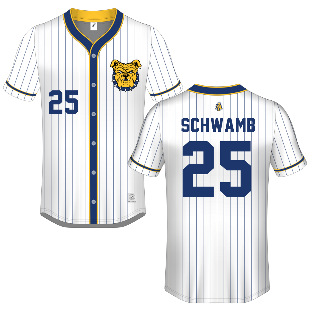 North Carolina A&T State University White Pinstripe Button-Down Jersey - #25 Samuel Schwamb