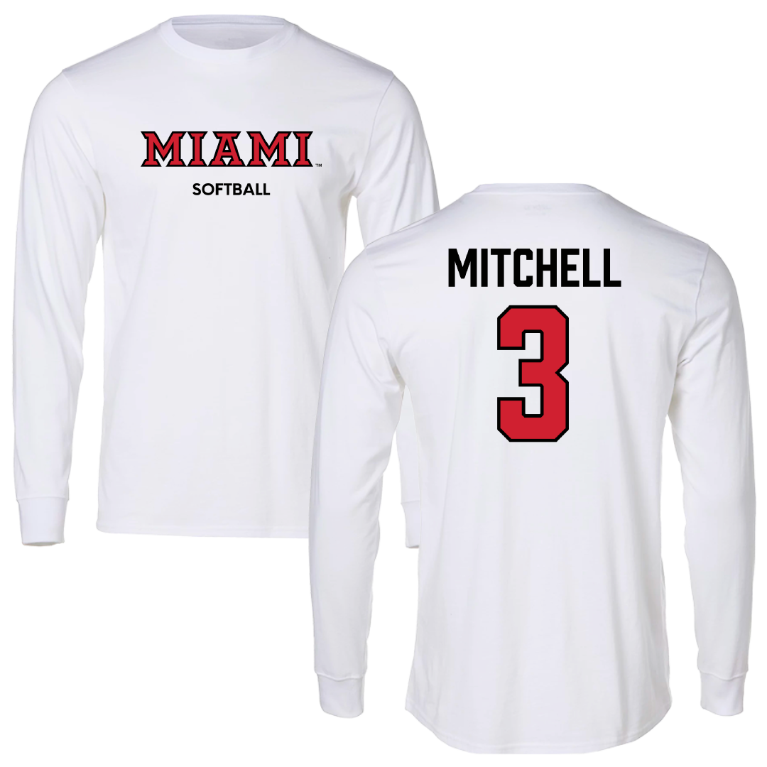 Miami University (Ohio) Softball White Performance Long Sleeve - #3 Jeneva Mitchell