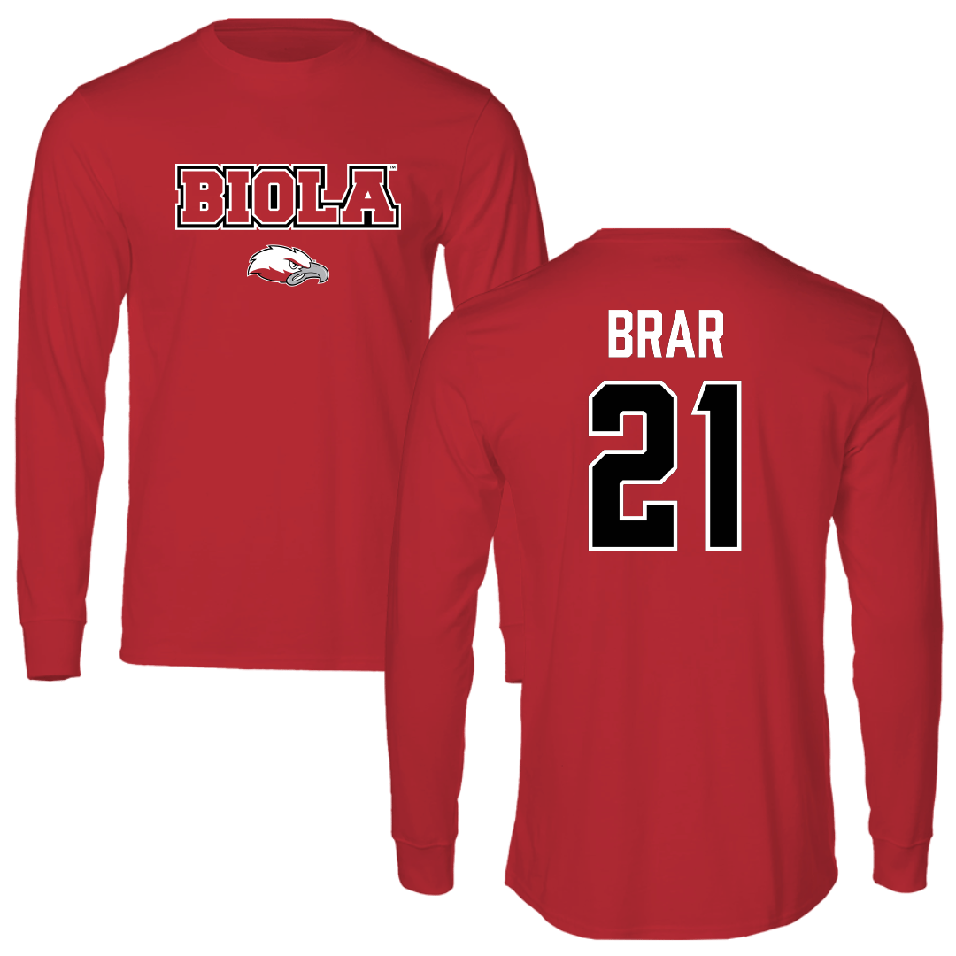 Biola University Baseball Red Performance Long Sleeve - #21 Taj Brar