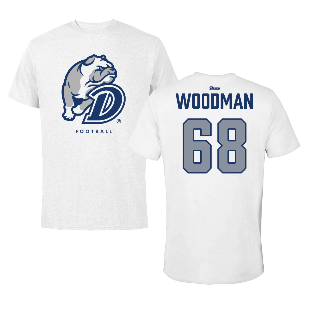 Drake University Football White Performance Tee - #68 Tyler Woodman