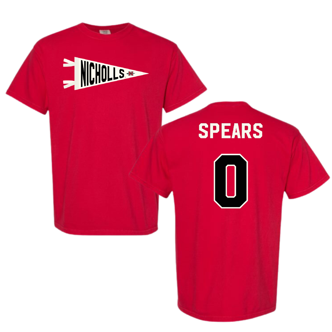 Nicholls State University Football Red Pennant Comfort Colors Tee - #0 Jaylon Spears