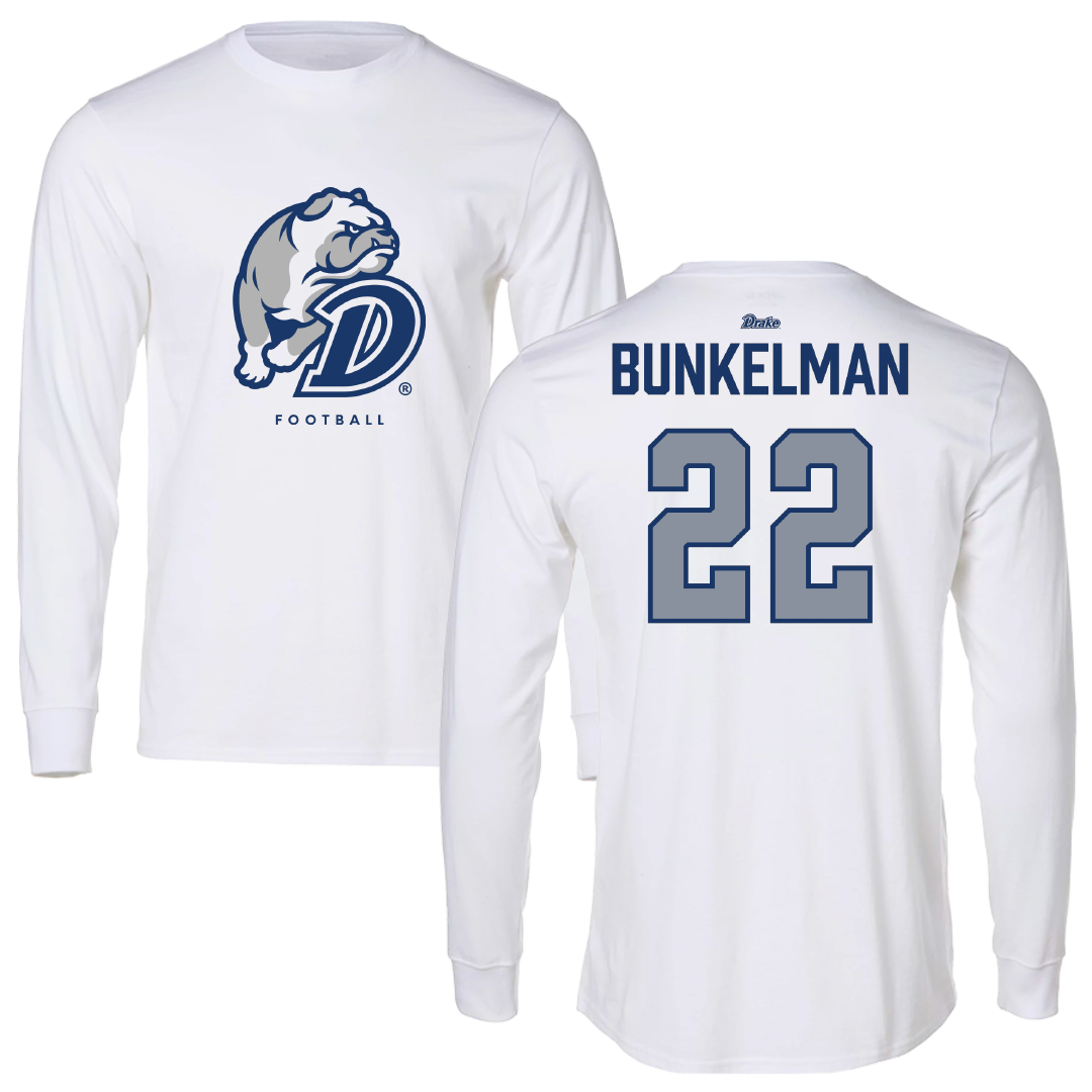 Drake University Football White Performance Long Sleeve - #22 Derrick Bunkelman