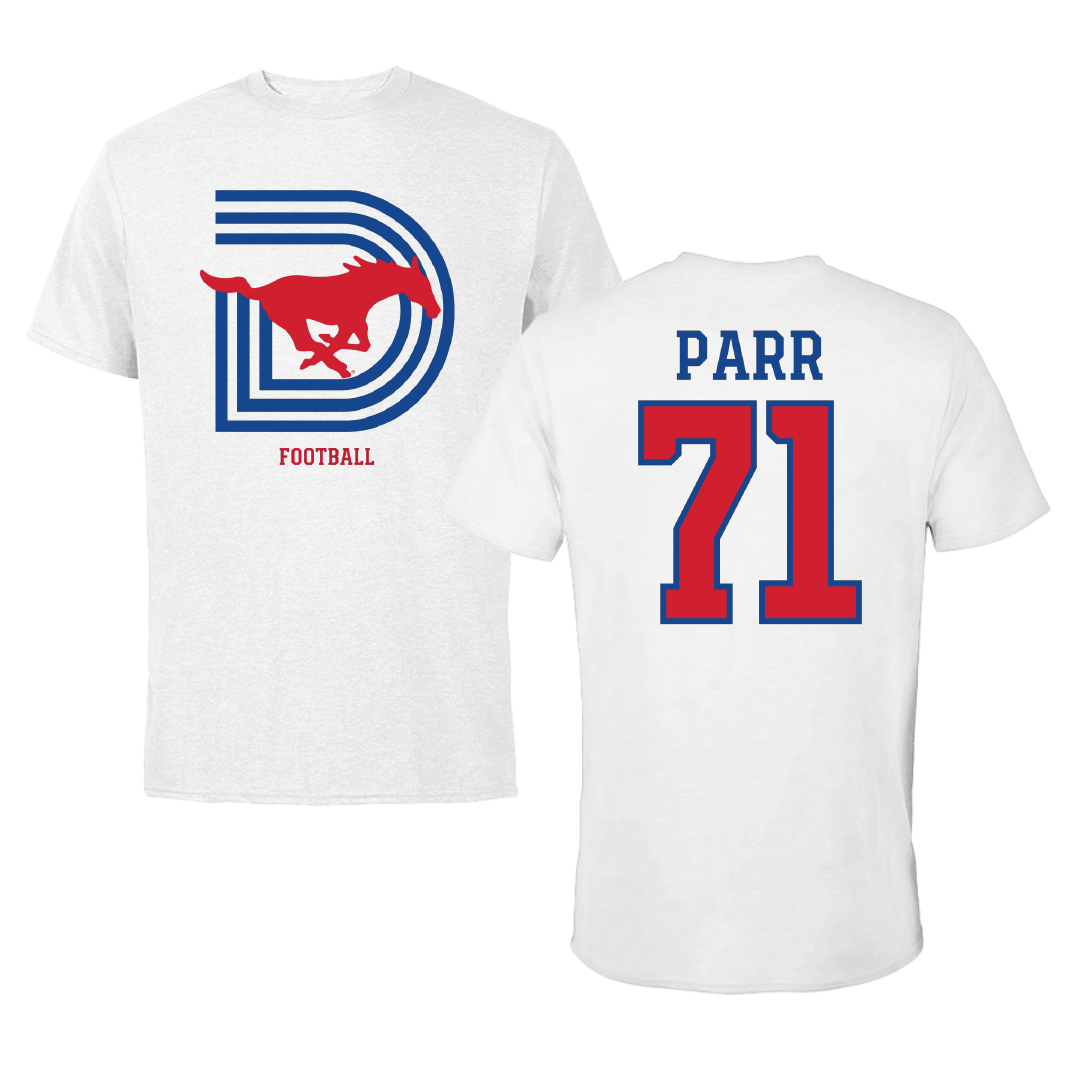 Southern Methodist University Football White Tee - #71 Logan Parr