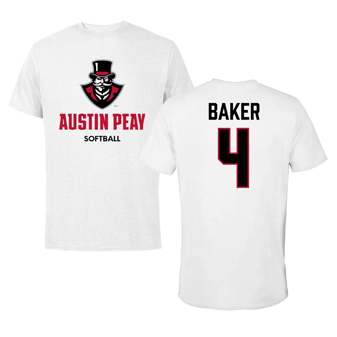 Austin Peay State University Softball White Tee - #4 Emilee Baker