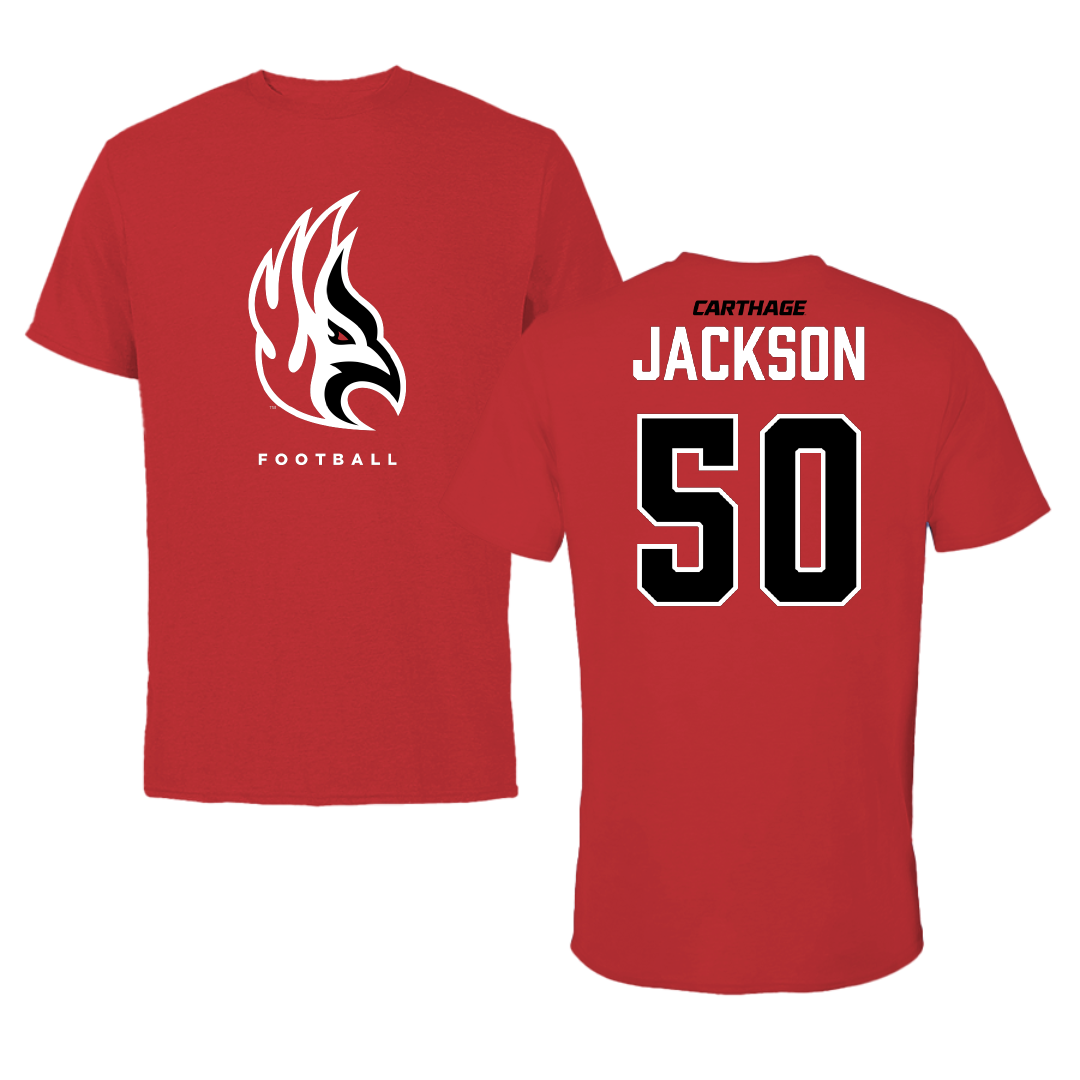Carthage College Football Red Tee - #50 Zachariah Jackson