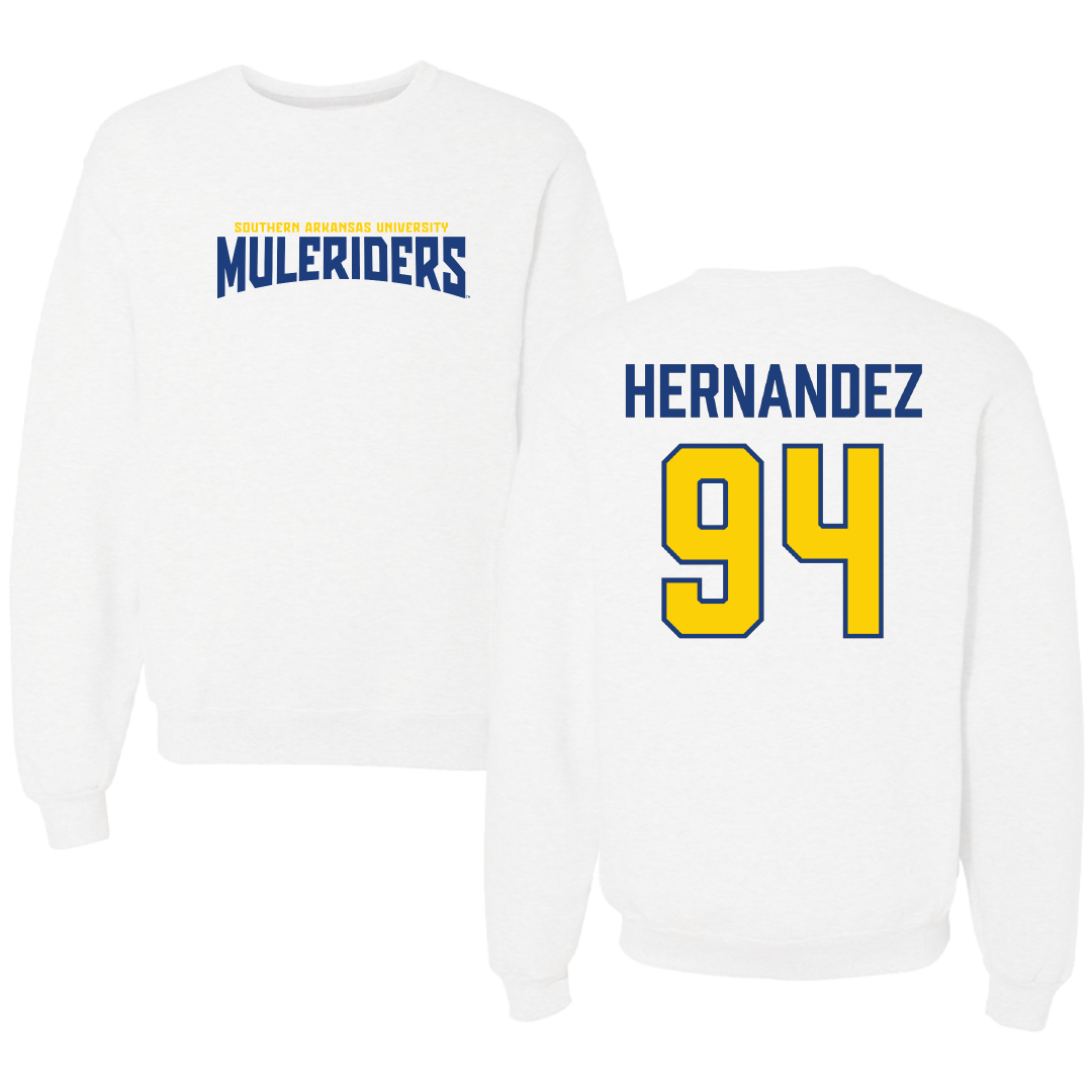 Southern Arkansas University Football White Classic Crewneck - #94 Jonathan Hernandez