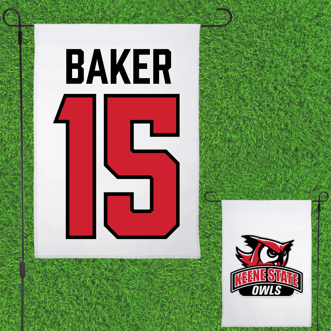 Keene State College Baseball White Garden Flag - #15 Cameron Baker