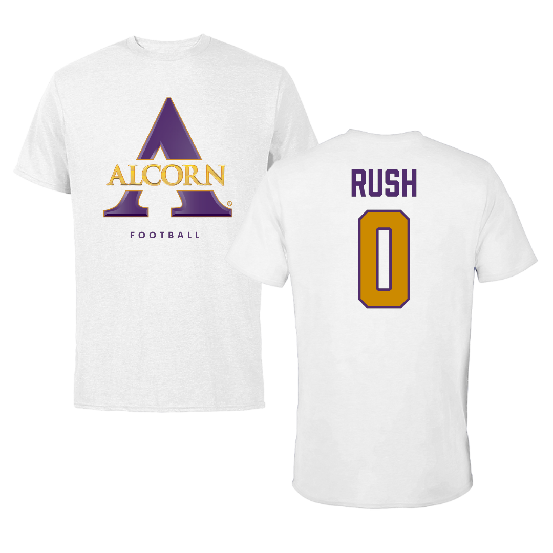 Alcorn State University Football White Performance Tee - #0 Jarvis Rush