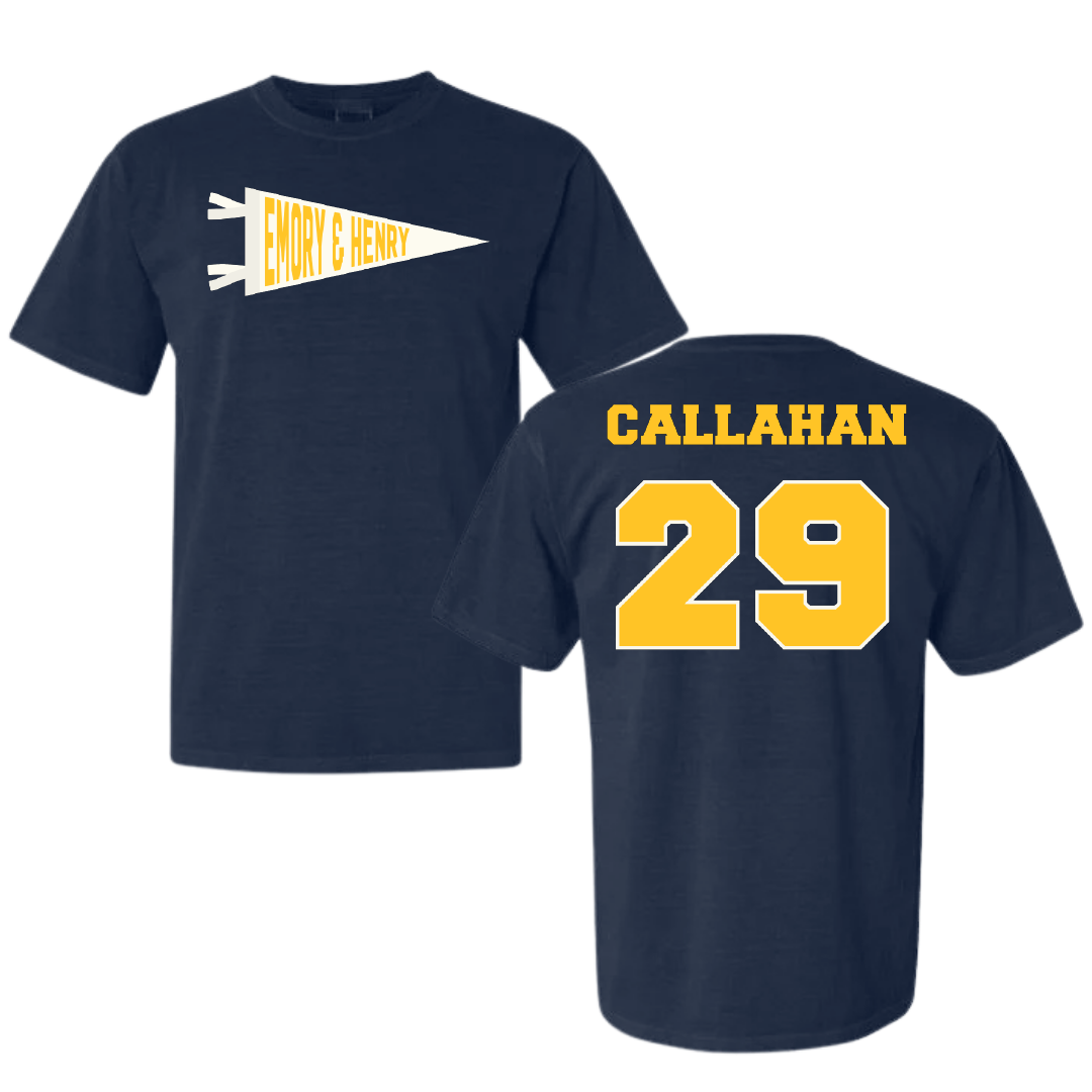 Emory & Henry College Baseball Navy Pennant Comfort Colors Tee - #29 Stuart Callahan