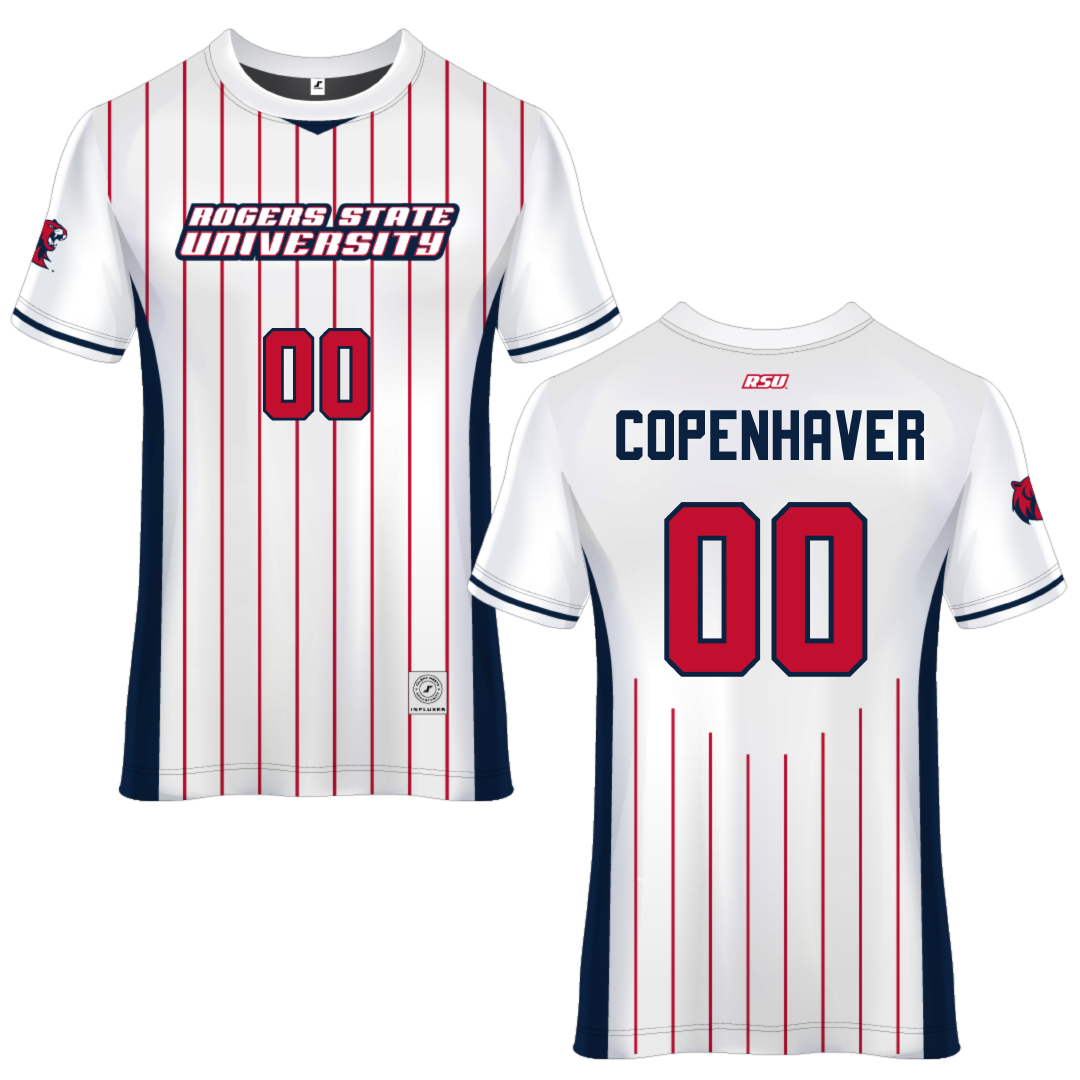Rogers State University White Pinstripe Soccer Jersey - #00 Casey Copenhaver