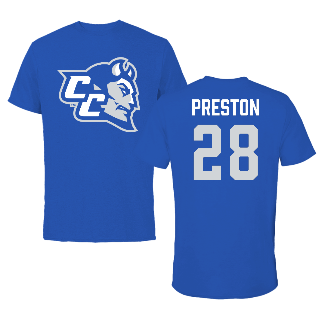 Central Connecticut State University Football Blue Tee - #28 Dekavis Preston