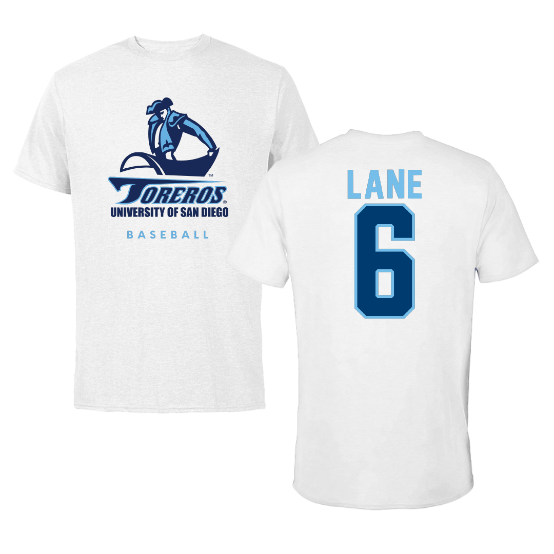 University of San Diego Baseball White Tee - #6 Isaiah Lane