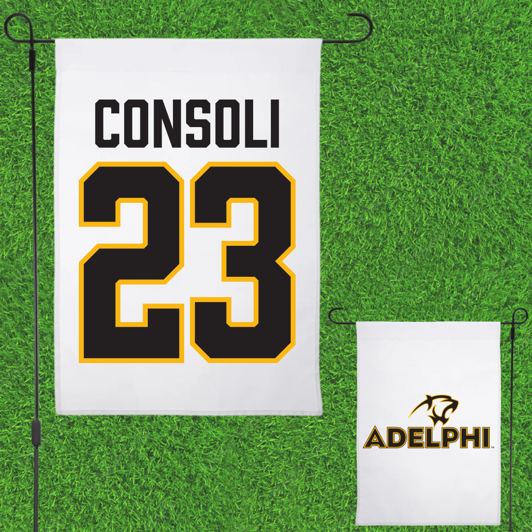 Adelphi University Soccer White Garden Flag - #23 Alessio Consoli