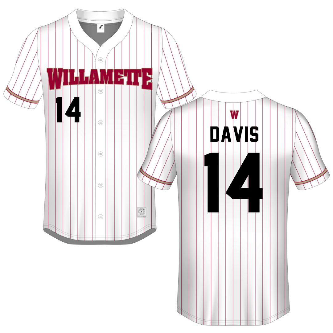 Willamette University White Pinstripe Button-Down Jersey - #14 Caden Davis