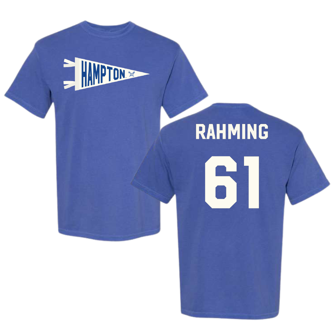 Hampton University Football Blue Pennant Comfort Colors Tee - #61 Mike Rahming