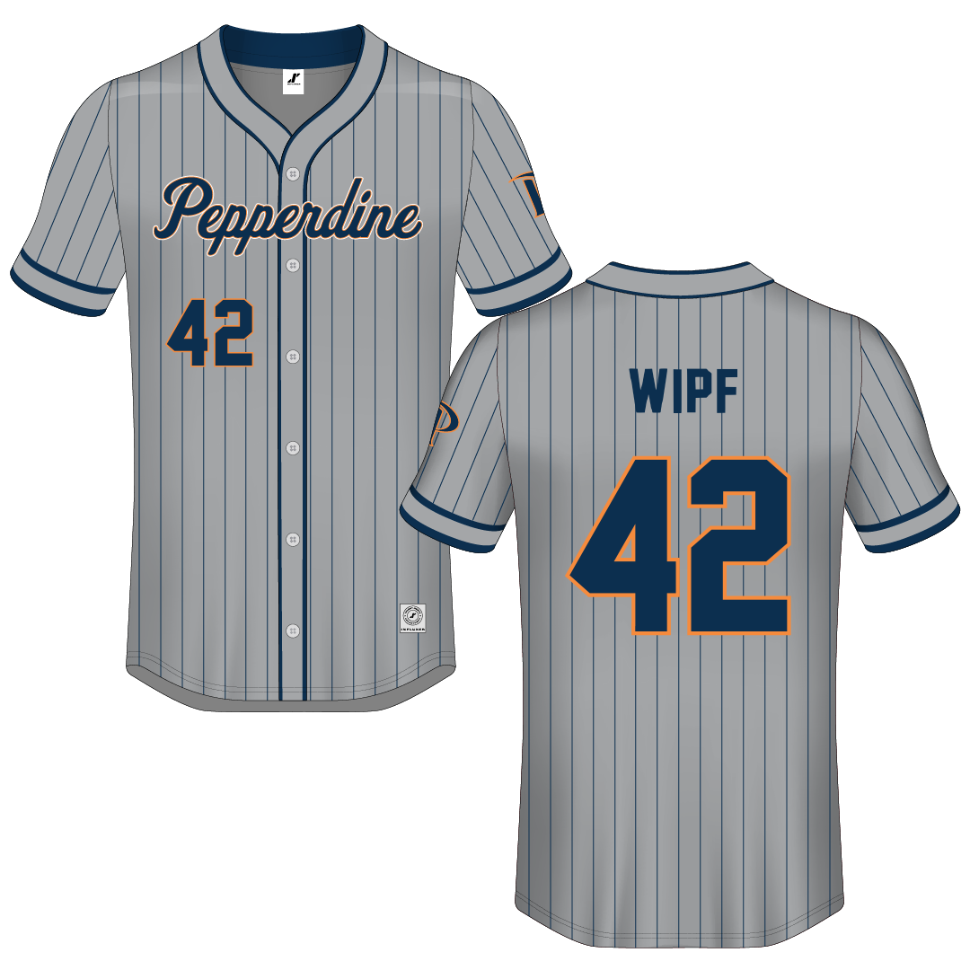 Pepperdine University Gray Pinstripe Button-Down Jersey - #42 Cal Wipf